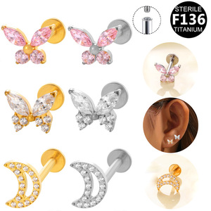 Butterfly <b>Titanium</b> F136 Ear <b>Studs</b> With Crystals For Cartilage Piercing Jewelry Gift - Product Image 1