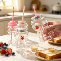 Bouteille en plastique PET transparente de 300 ml (10 oz) en forme d'ours mignon avec couvercle à vis, pour thé au lait, jus, bonbons, snacks, avec trou pour paille