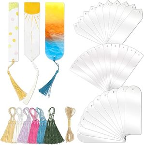 散装61PCS亚克力书签空白透明塑料30套6色流苏麻线<span class=keywords><strong>DIY</strong></span>工艺3形书签展示架 - Product Image 1