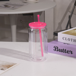 كوب زجاجي مزدوج الجدار بتصميم نحيف سعة 16 أونصة للطباعة بالتسامي مع غطاء وقش، كوب ثلجي قابل للتخصيص بالجملة - Product Image 6