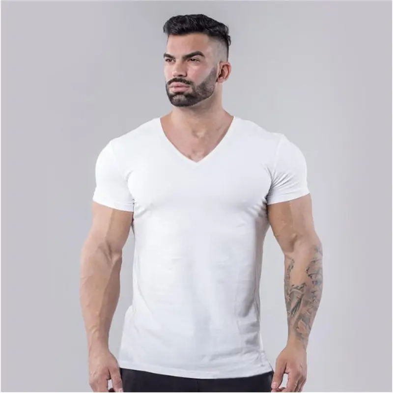 Men V Neck Short Sleeve T Shirt Fitness Slim Fit Sports Strips T-shirt Male Solid Fashion Tees Tops Summer Knitted Gym Clothing