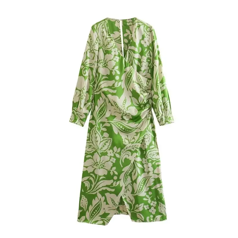 فستان كاجوال للنساء, فستان مطبوع عليه ورود ذو فتحة أمامية وأكمام طويلة باللون الأخضر بفتحة رقبة على شكل حرف v لعام 2023