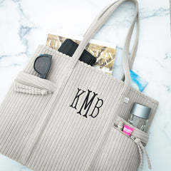 Sac à bandoulière personnalisé brodé multi-poches, sac de voyage, sac de shopping, sac à main décontracté pour femmes, sac fourre-tout en velours côtelé avec monogramme - Product Image 3