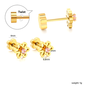 Pendientes de tuerca pequeños de acero inoxidable impermeables y que no se deslustran, con diseño de flor y circonita rosa hueca, suministro a granel de fábrica - Product Image 2
