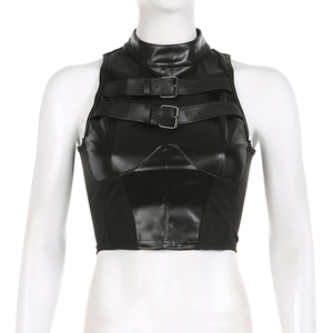 Top Corto sin Mangas para Mujer, Estilo Punk Urbano, Tejido de Punto con Parches, Transpirable, Ecológico, Ajustado, Cuello Alto - Product Image 5