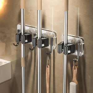 ที่แขวนไม้ถูพื้นสแตนเลสแบบติดผนัง รูปทรงสี่เหลี่ยมผืนผ้า ไม่ต้องเจาะผนัง ชั้นวางเก็บอุปกรณ์ทำความสะอาดในครัว พร้อมตะขอสำหรับไม้กวาดและไม้ถูพื้น - Product Image 1