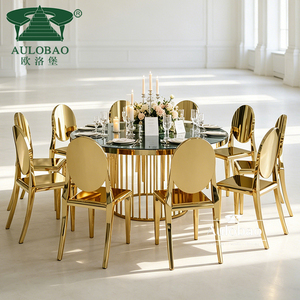 Luxurious Gold Stainless Steel Glass Top Round <b>Dining</b> <b>Tables</b> Set 6 Seater - Product Image 3