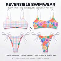 Op maat gemaakte badkledinglijn fabrikant private label omkeerbare cheeky badpak met bloemenprint, hoge snit bikini set voor dames