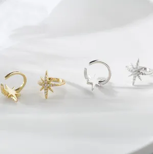 Tối Giản 925 Sterling Silver Star Ear Cuff Bông Tai Mạ Vàng Kim Cương CZ Pave Sunburst Ear Clips Còng