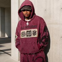 Ensemble de sweat-shirts à capuche en molleton épais de couleur rouge foncé délavé à l'acide, déchiré, surdimensionné, avec application hip-hop, marque privée