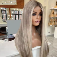 100% cabello humano virgen europeo 13X4 peluca Frontal de encaje Color rubio ceniza pelucas de cabello humano recto sedoso para mujer con Base de seda