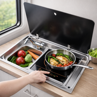 Évier 2 en 1 pour camping-car avec plaque à induction, unité de cuisine intégrée en acier inoxydable pour camping-car, caravane, bateau avec couvercle en verre
