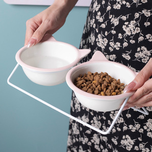 Ceramic <b>Cat</b> Bowls Double Elevated <b>Feeder</b> For <b>Cats</b> With Pink <b>Cat</b> Ears Design - Product Image 3