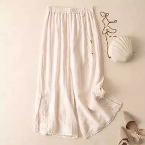 Women's Chinese Style Embroidered Cotton Linen Wide Leg Pants Pink Loose Casual Summer Pants 2025 New Arrival - Product Image 3