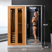 Cabine de sauna finlandaise en bois, design artisanal, avec cadre en verre trempé, double fonction vapeur sèche et humide, pour espace bien-être à domicile