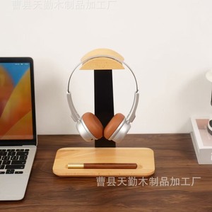 Support pour casque en bois, support de bureau en fer et bois pour casque de jeu avec support pour téléphone et fente pour stylo - Product Image 3