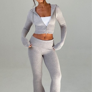 Wholesale Custom Autumn Winter New Solid Color Regular Fit Full Sleeve Hooded Top Casual Pants Suit Two Piece <b>Set</b> Women - Product Image 4
