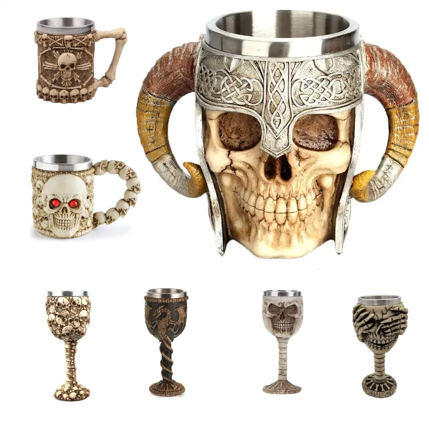 Huaqi SKA0101 Skull Cups Beer Stein Tankard Calavera Mug Wholesale Stainless Steel Viking Resin Vintage for Bar White Box Mugs