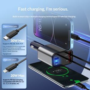 30W 50W Max Supersnelle Oplader Dubbele Intrekbare Kabels Multi-Protocol Type-C Auto Telefoonlader - Product Image 4