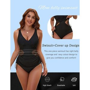 Traje de baño de una pieza para mujer con cuello en V, recortes, control de abdomen y tirantes ajustables - Product Image 4