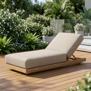 Chaise longue d'extérieur en teck rembourrée, lit de repos en bois pour patio, jardin, villa, bord de piscine - Product Image 2