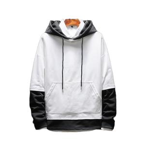 Sweat-shirt à capuche pour homme, blanc uni avec manches contrastantes noires, coupe décontractée, poche intégrée, idéal pour l'automne - Product Image 1