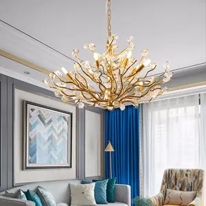 D23.6 Inch Art Luxury Natural Crystal Chandelier Creative Branch Lamp Retro Glass Decorative Living Dining Room Pendant Light