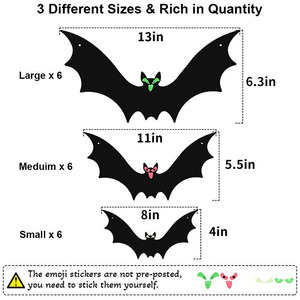 Décoration suspendue de chauve-souris d'Halloween en plastique, adhésive, réutilisable, pour fêtes intérieures, 3 tailles, lot de 6 - Product Image 1