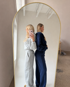 Conjunto de dos piezas para mujer, sudadera con capucha gris y azul marino con cremallera y pantalones de pierna ancha, chándal informal de felpa suave, ropa OEM - Product Image 5