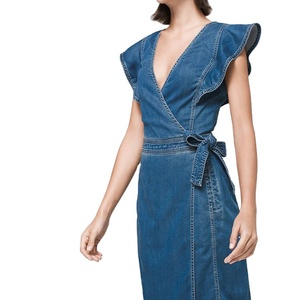 Design vente en gros, robe décontractée pour femmes, personnalisée, manches courtes à volants, robes en jean pour femmes, été 2022, nouveau noir ou personnalisé - Product Image 1