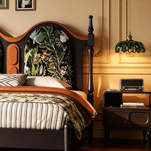 Upholstered Wooden <b>Bed</b> Frame Queen <b>Size</b> Fabric <b>Headboard</b> Soft <b>Bed</b> with Floral Design Eclectic Style - Product Image 3