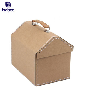 Retro house shaped kraft paper hand-held luggage, custom printed cardboard gift <b>box</b>, recyclable luggage for children's toys and - Product Image 6
