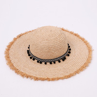 Chapeau de soleil pour femme en paille de raphia tressée à la main, à large bord et calotte ronde, avec bord brut et pompon, style coréen, pour l'été, la plage et les voyages, chapeau jazz