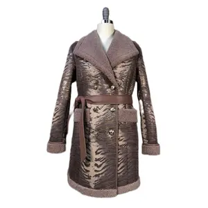 New Fashion Exotic High Quality Women Faux Leather Coffee Tiger Suede Sherpa Fur Overcoat For Winter