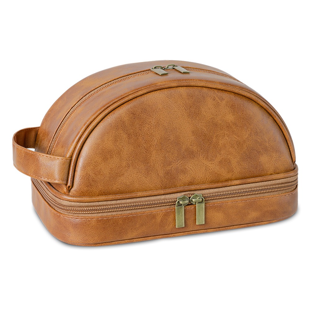 Custom Logo Portable Men's Leather Toiletry Bag PU Case with Thread Style Hanging Hygiene Makeup Case Business Travel Men Women