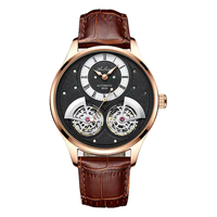 AILANG 8822C Montre mécanique automatique de luxe pour homme, double pendule, tourbillon creux, bracelet en cuir résistant à l'eau 20 mm