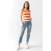 Camiseta sin mangas de punto a rayas con cuello cuadrado para mujer, informal, con rayas azules y blancas