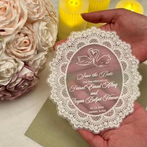 Carte d'invitation vintage ovale en polyester avec dentelle, impression par transfert thermique, personnalisée pour mariage, fête, dîner, table - Product Image 3