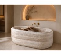 Baignoire autoportante en travertin bleu océan sur mesure SH STONE pour villas, hôtels et appartements – Décoration intérieure de salle de bain