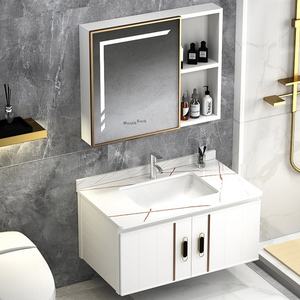 Mueble de baño de aluminio de espacio inteligente Simple y moderno, lavabo de inodoro integrado con tablero de <span class=keywords><strong>roca</strong></span> con <span class=keywords><strong>espejo</strong></span> LED de lavabo de cerámica - Product Image 2