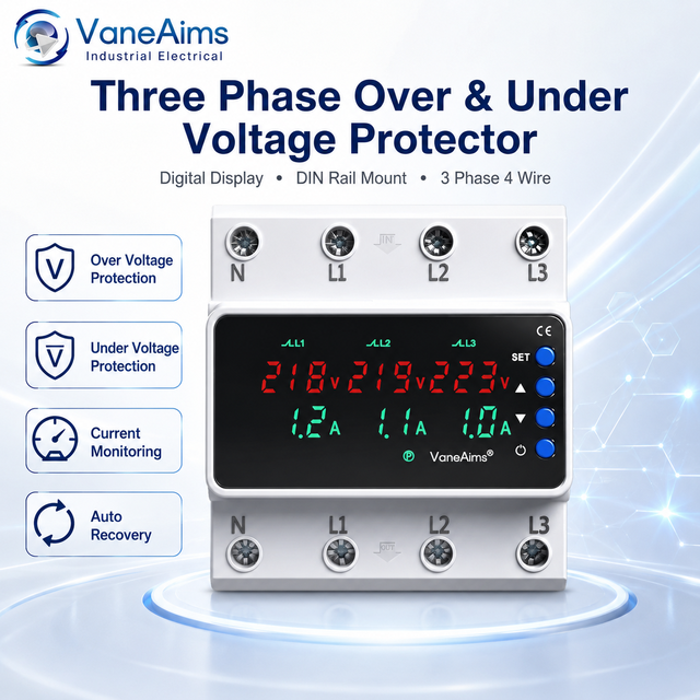 4P Adjustable Voltage Protector Overvoltage Protection Current Voltage LED Display 380VAC Three Phase 63A/100A Capacity 50/60Hz