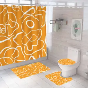 Abstract Yellow Modern Bathroom Sets with Shower Curtain and Rugs and Accessories for The Bathroom Decor 4 Pcs