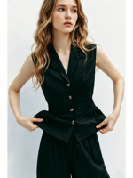 Ensemble décontracté deux pièces pour femmes : Gilet en lin à col tailleur et taille smockée, pantalon large à taille élastique