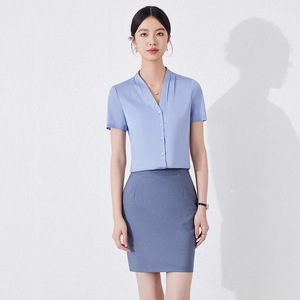 White Chiffon Short Sleeve Blouse For Women Solid Color V Neck Button Front Workwear Professional Shirt Summer 2024 - Product Image 3