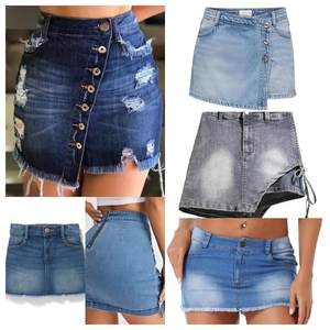 Minifalda vaquera de cintura alta para mujer, estilo casual de verano, color liso, con botones asimétricos al frente, lavado desgastado, ajuste ceñido. - Product Image 1