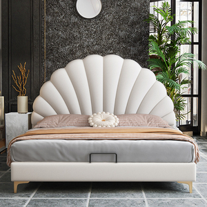 Lit double en cuir souple de style crème moderne Lit pour enfants Lit pour enfant avec cadre en bois massif et armoire de rangement - Product Image 4