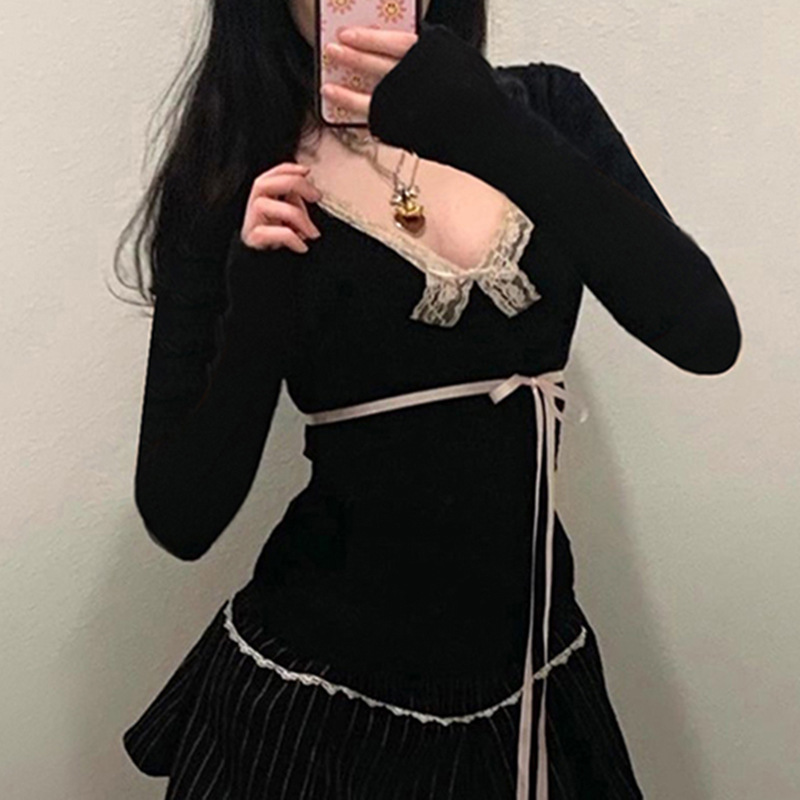 Shop Elegant Black Long-Sleeve T-Shirts with White Lace Trim