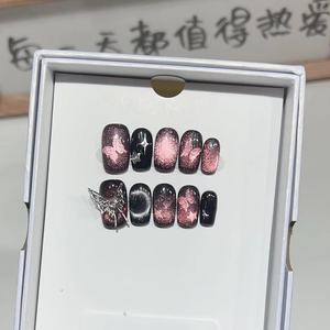 <span class=keywords><strong>Uñas</strong></span> Postizas Cortas con Diseño de Ojo de Gato Estrellado y Lazo Grande Metálico, Hechas a Mano, Desmontables, Venta al Por Mayor - Product Image 1