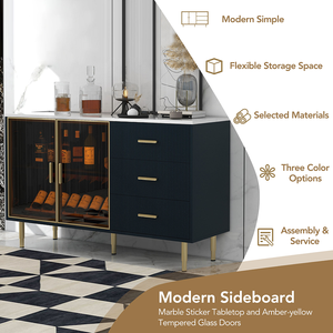Modern Solid Wood <b>Sideboard</b> Buffet Cabinet Marble Sticker Tabletop Amber-yellow Tempered Glass Doors Living Room Dining Storage - Product Image 4