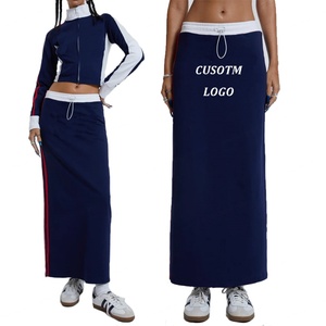 Jupe longue de style sport pour femme avec logo personnalisé, en jersey de coton tricoté, à rayures latérales, jupe maxi, jupe midi sportive marine - Product Image 6